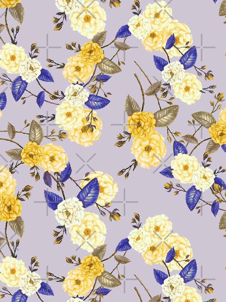 Roses in Yellow and Blue on Dove Grey by ThistleandFox