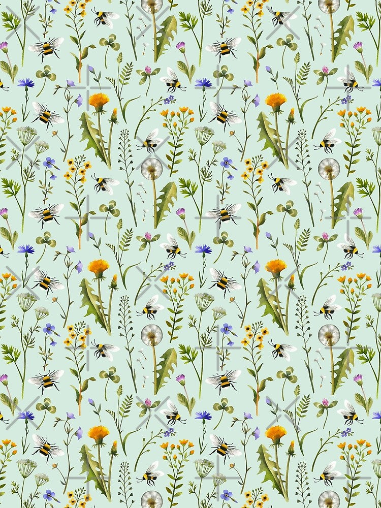 Bees and wildflowers on mint by MirabellePrint