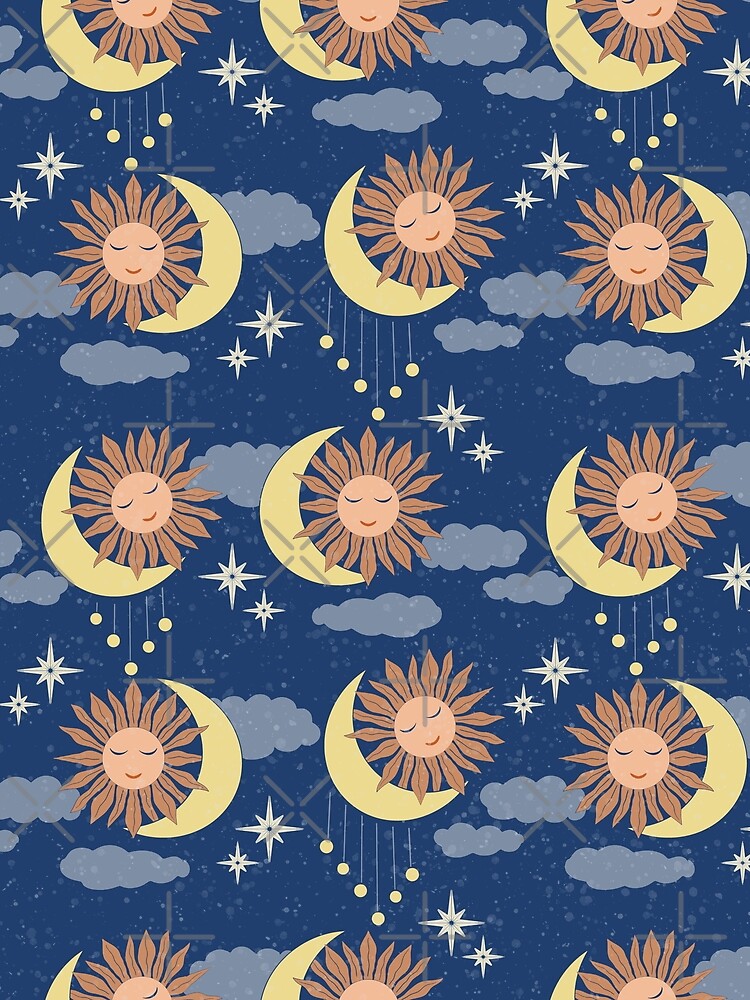 Medium scale of Navy Blue Celestial Sun Moon Whimsical Night Sky Pattern by DColourMuse