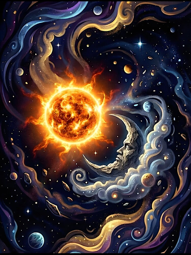 Cosmic Harmony - Vintage Sun and Crescent Moon Galaxy by hundred stories