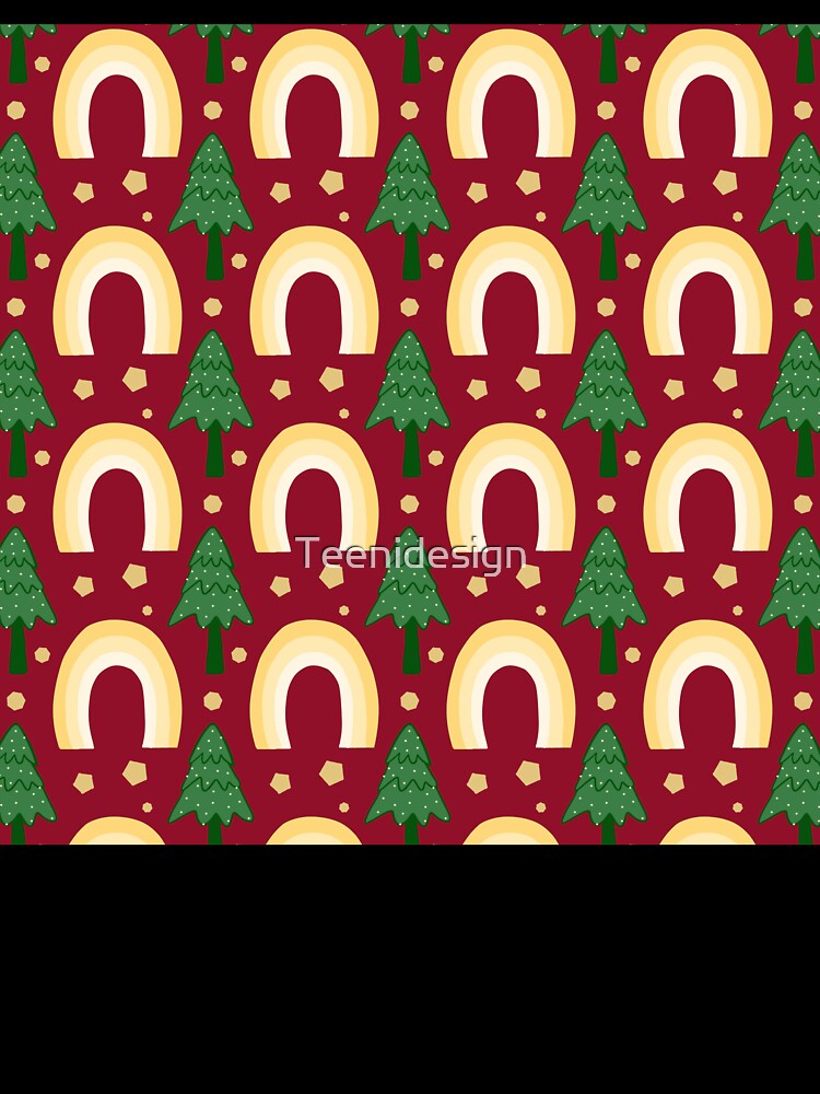 Yellow Rainbow & Christmas Tree Pattern on Red Background by Teenidesign