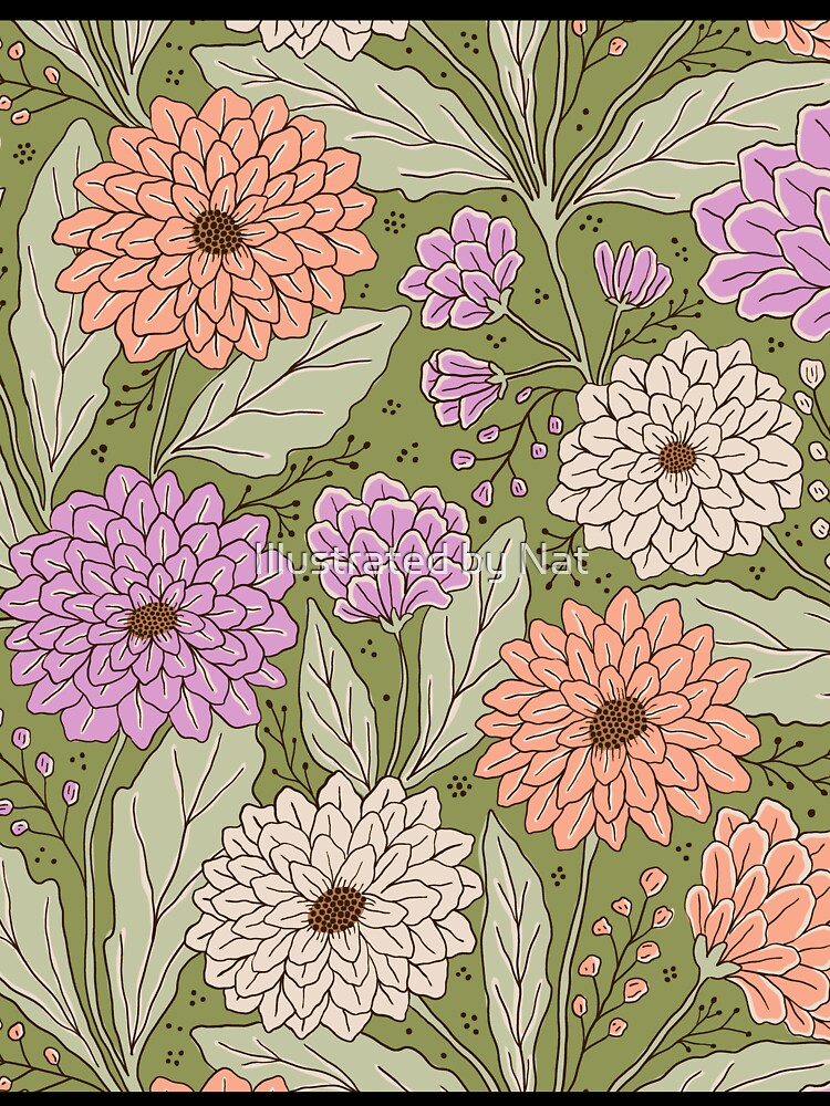 Dahlia garden in olive green by Illustrated by Nat