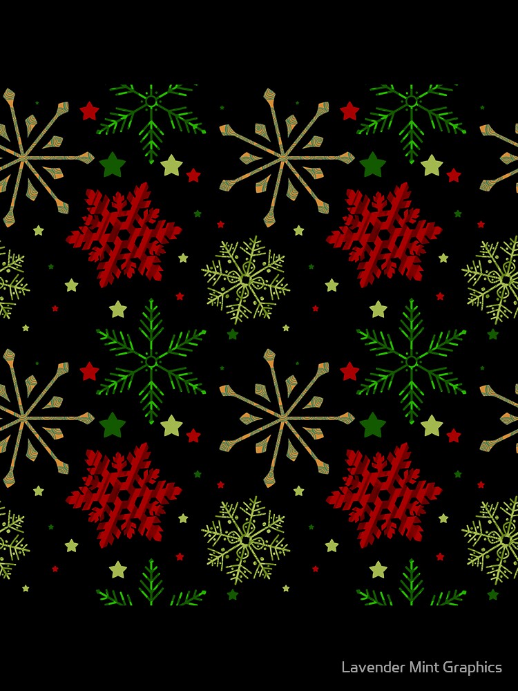 Christmas Snowflakes and Stars Pattern  // Red // Green // Gold by Lavender Mint Graphics