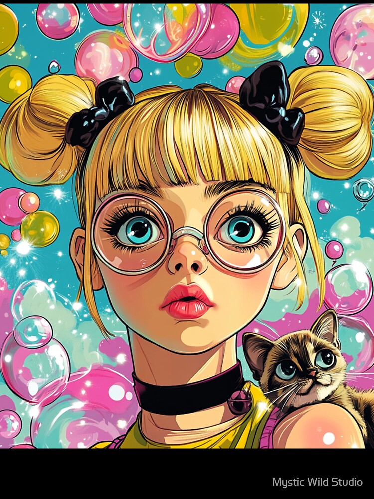Bubbles powerpuff girls with a cat by Mystic Wild Studio