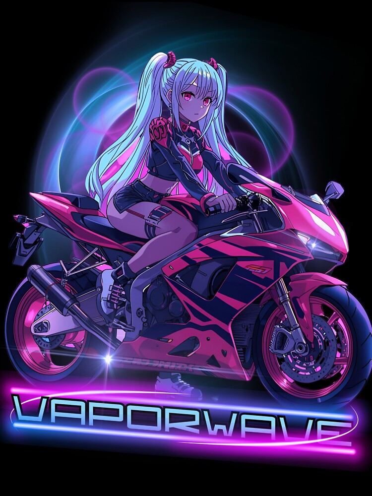 Vaporwave Anime Girl on Motorcycle,90s Retro Aesthetic Synthwave Art by WVPR