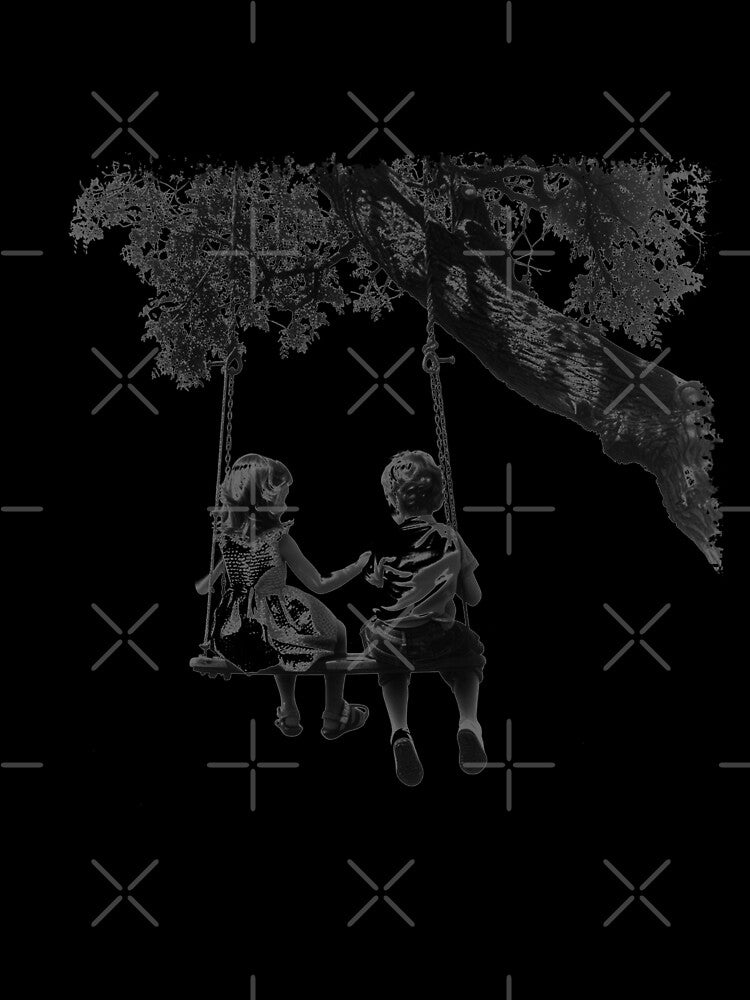 Children on Tree Swing - Black and White Nostalgic Childhood Art by inkoutninja