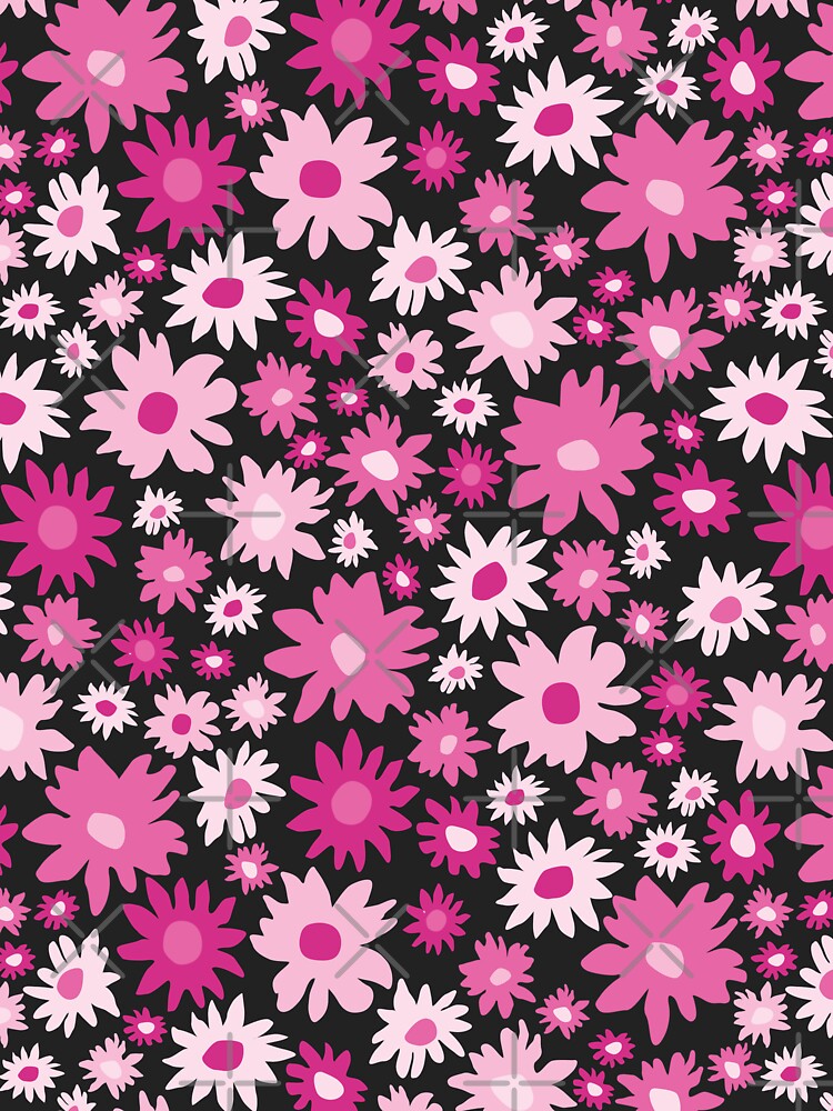 RETRO GROOVY AND FUN FLOWERS BLACK AND PINK by blomastudios