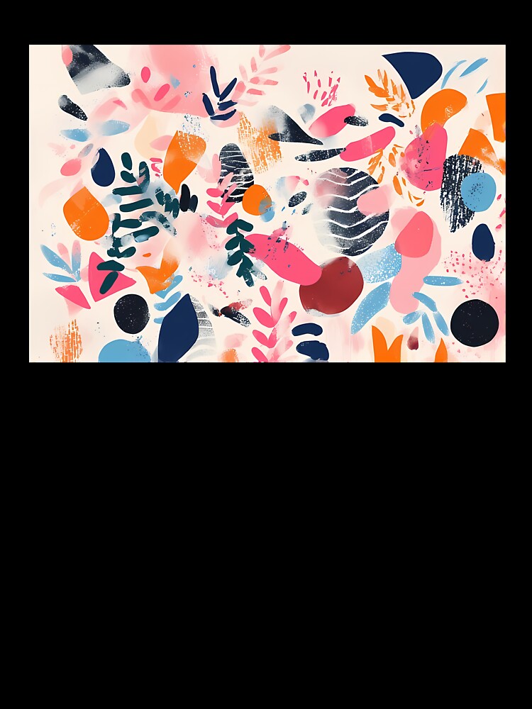 Abstract design featuring bold shapes and vibrant colors, with overlapping patterns of leaves, circles, and splashes in pink, blue, and orange. by Innercosmic
