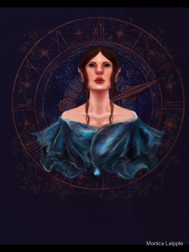 Astrology Goddess In Blue With Cosmic Clock by Monica Laipple