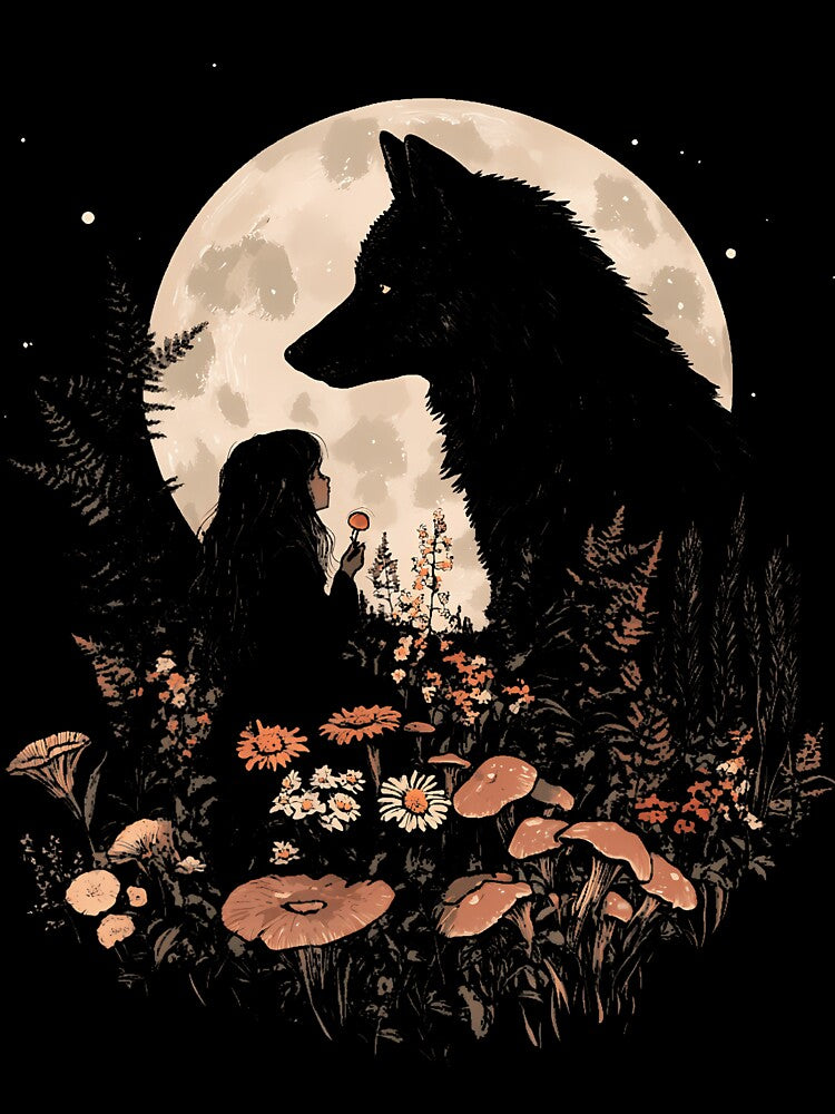 Dark Cottagecore Mushroom Girl And Wolf by ragillthiague