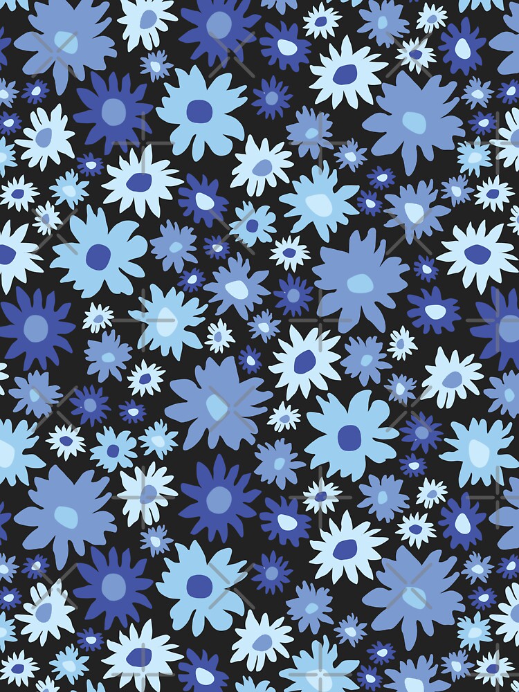 RETRO GROOVY AND FUN FLOWERS BLACK AND BLUE by blomastudios