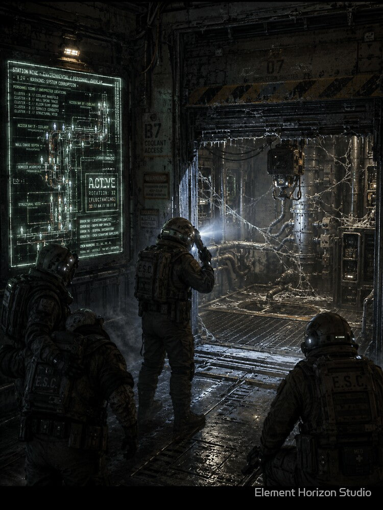 Sci-Fi Maintenance Bay Horror Art | Industrial Space Station Corridor and Hazard Suit Team Print by Element Horizon Studio