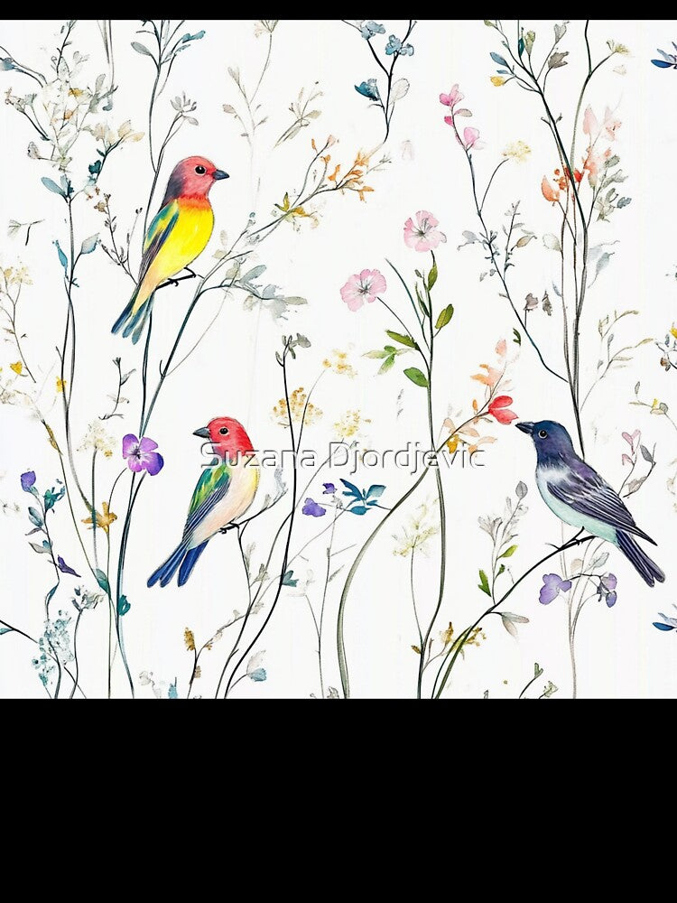 Colorful Birds in Blooming Meadow by Suzana Djordjevic