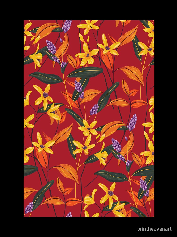 Retro Style Flowers on Red Background by printheavenart