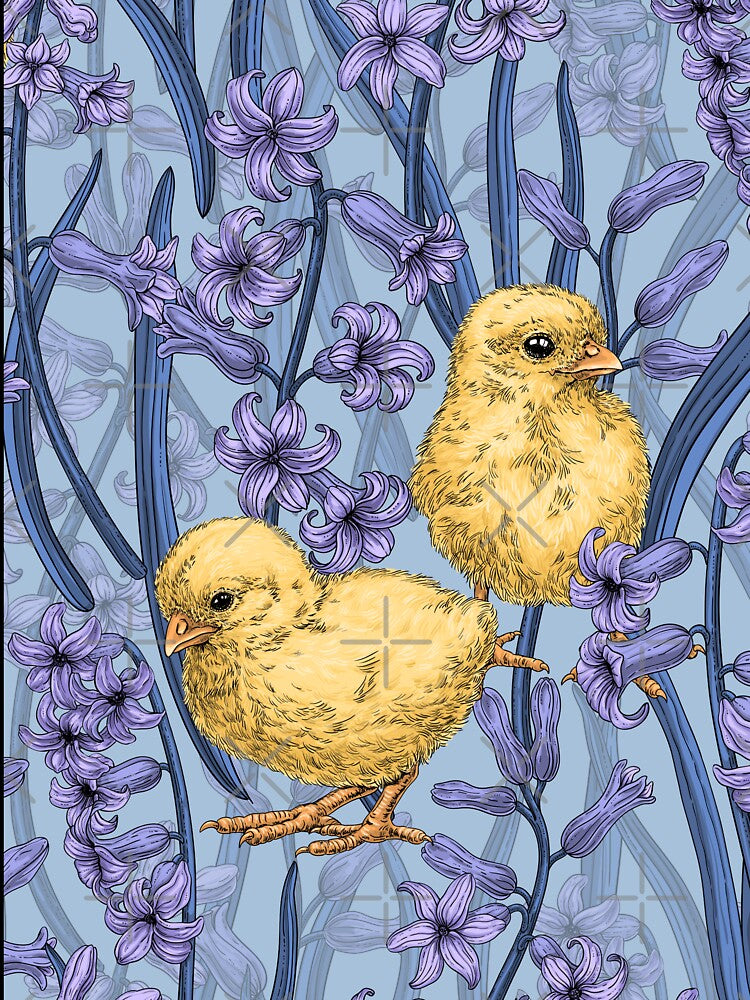 Chickens and hyacinths on sky blue by Katerina Mitkova Kirilova