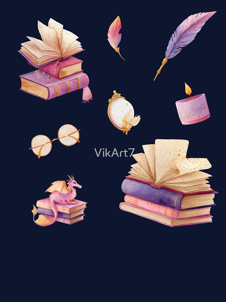Bookish Magic — Pastel Watercolor Books & Dragon by VikArt7