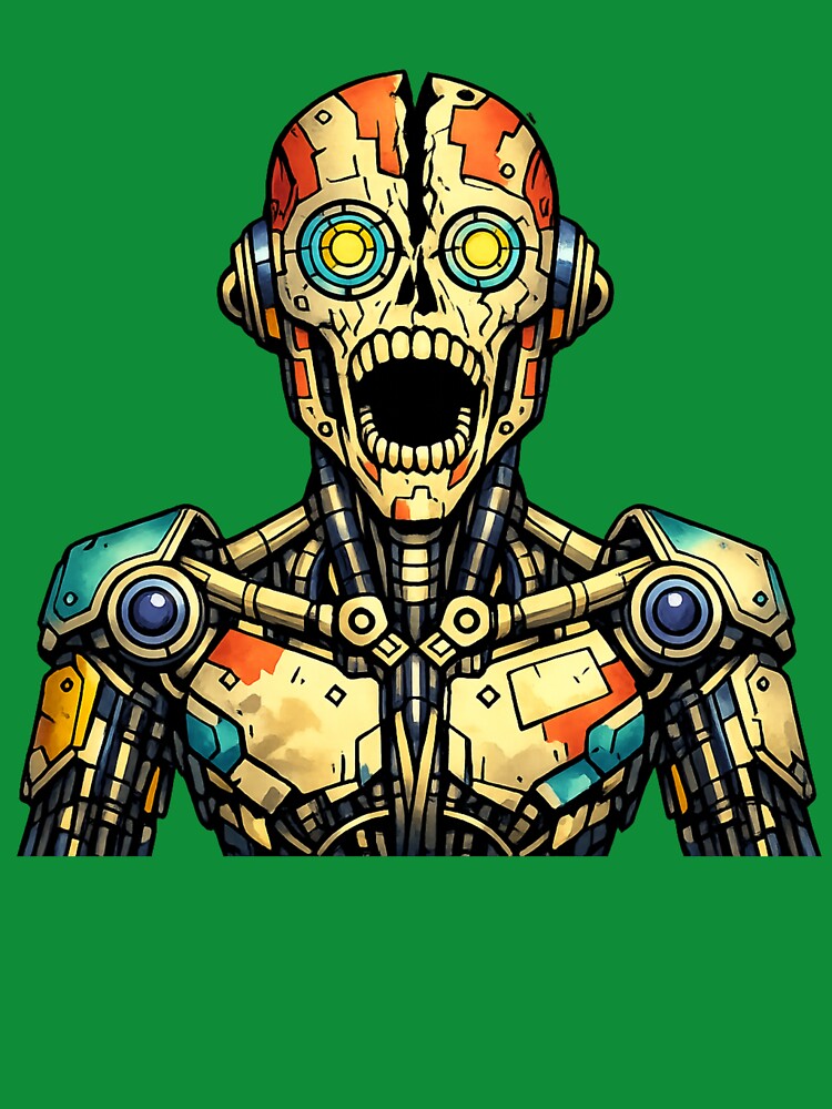 creepy robot illustration — dark sci‑fi tee design by SoftSproutstu