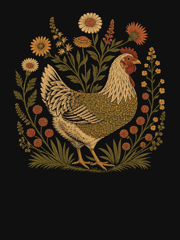 Retro Folk Art Chicken Surrounded By Wildflowers by Moizento