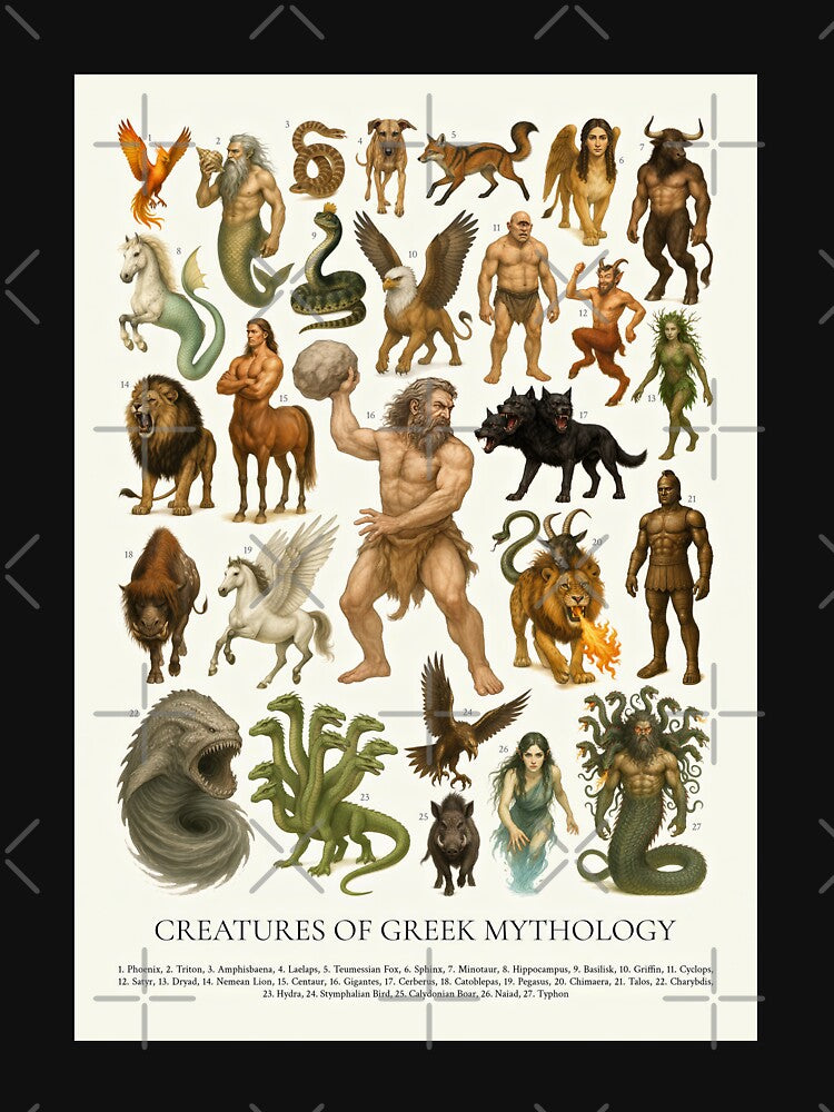 Creatures of Greek Mythology Retro Style Illustration Chart by kakarikihill