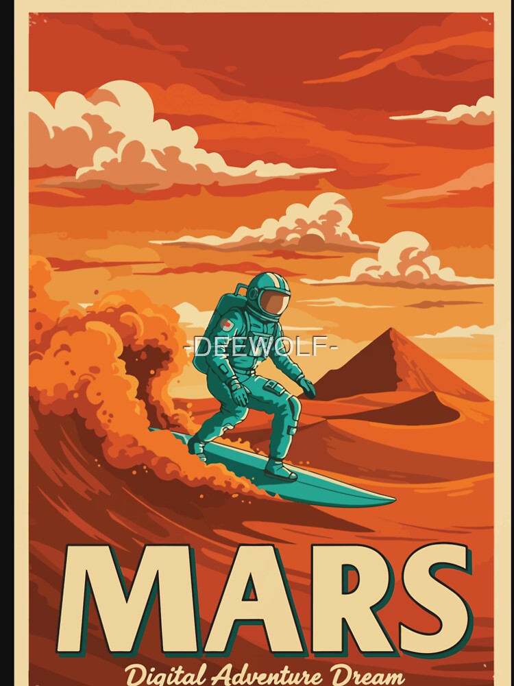 Mars Surfing Astronaut – Retro Sci-Fi Adventure Poster by -DEEWOLF-