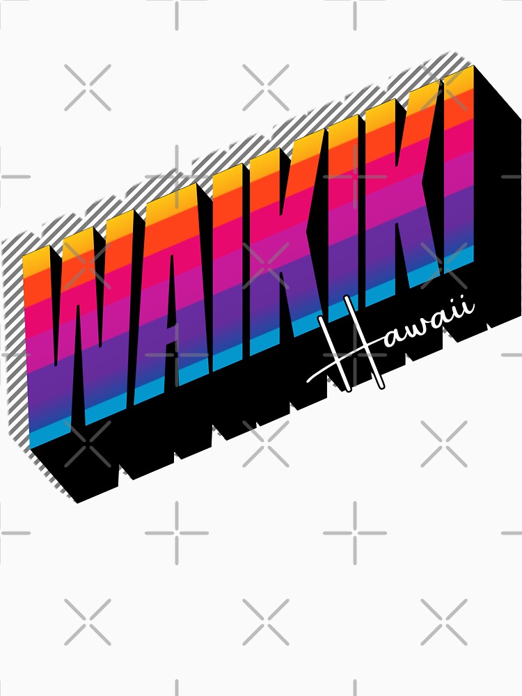 Waikiki Hawaii Retro 80s Rainbow Stripe Typography Graphic Tee by DonnaRaine