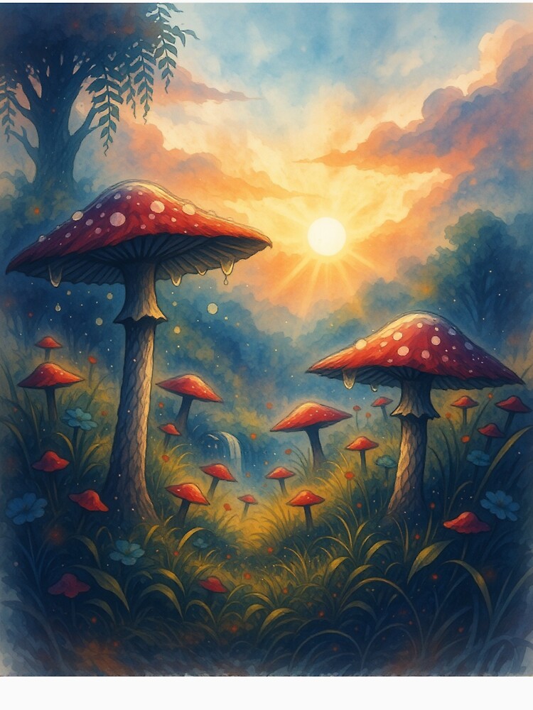 Whimsical Red Mushrooms at Sunrise – Enchanted Fantasy Forest Art by The Rogue Mark