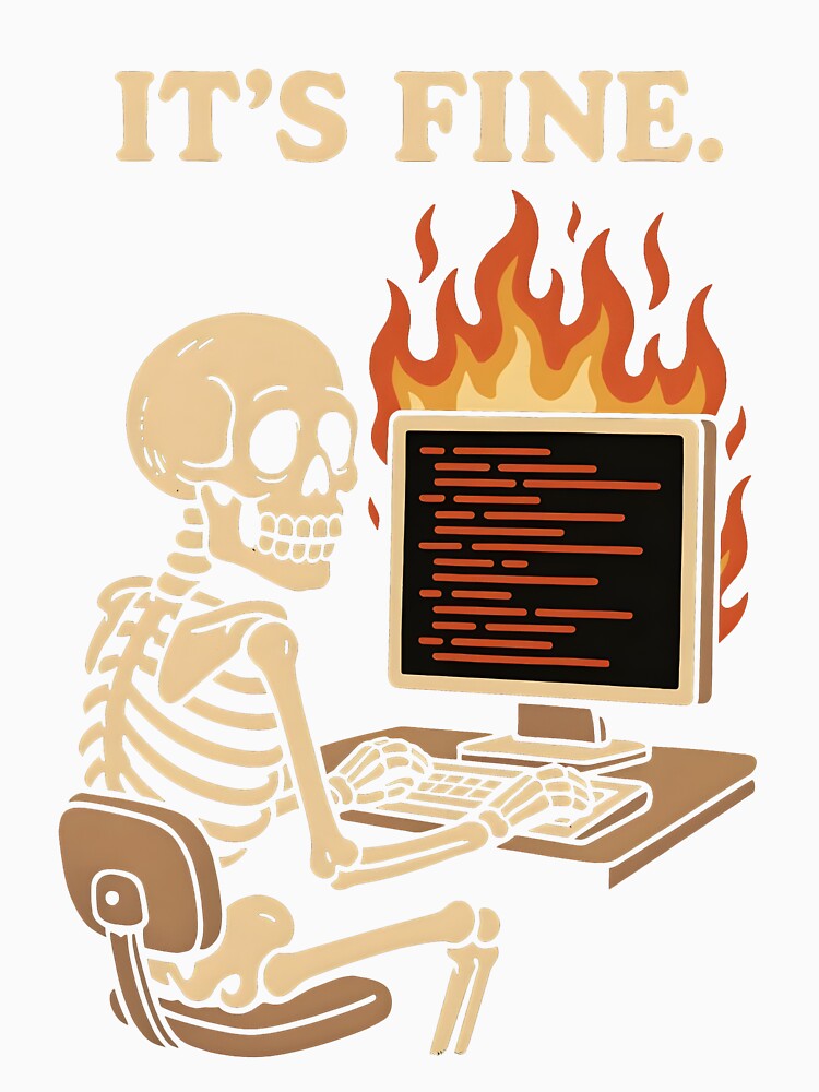 It’s Fine - Sarcastic Skeleton at Computer with Errors on Fire by Graphicarium Shop