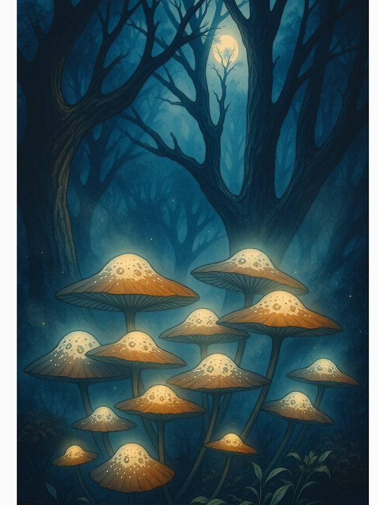Moonlit Glowing Mushrooms – Mystical Enchanted Forest Art by The Rogue Mark