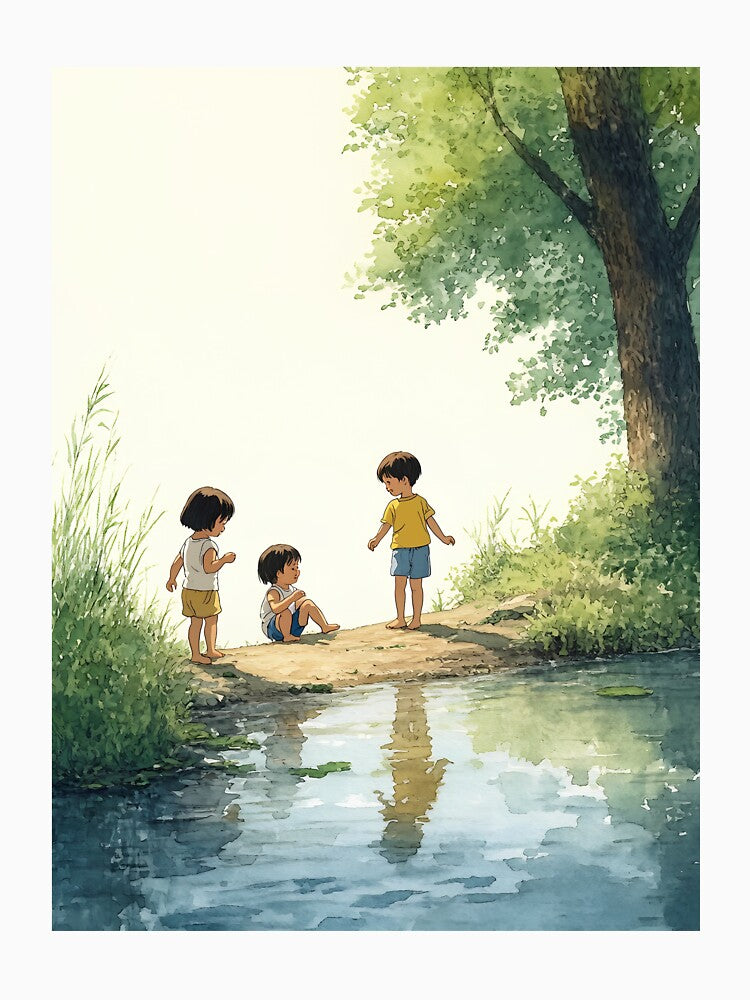 Dreamy Watercolor of Children Playing by the Riverbank by FashionVibefriend