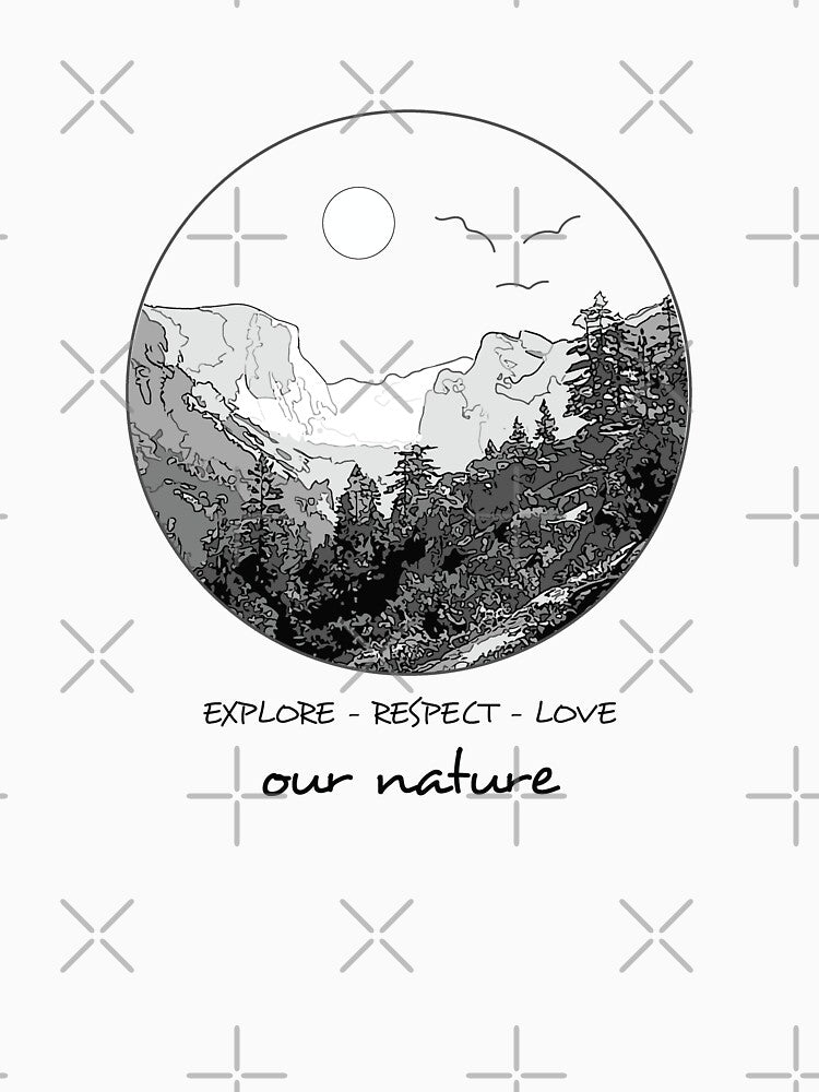 Mountain Range with Forest and Sun in Mandala Circle - Explore Respect Love Our Nature by Loving Nature Gifts