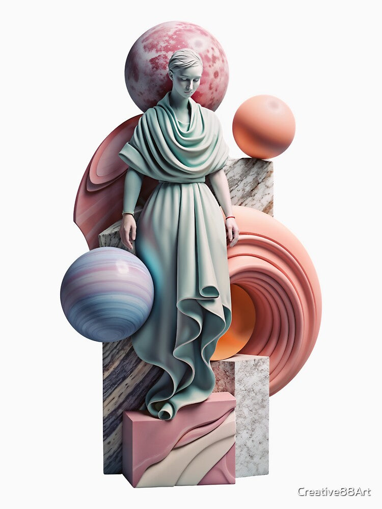 Ethereal woman statue surrounded by colorful planets and geometric shapes by Creative88Art