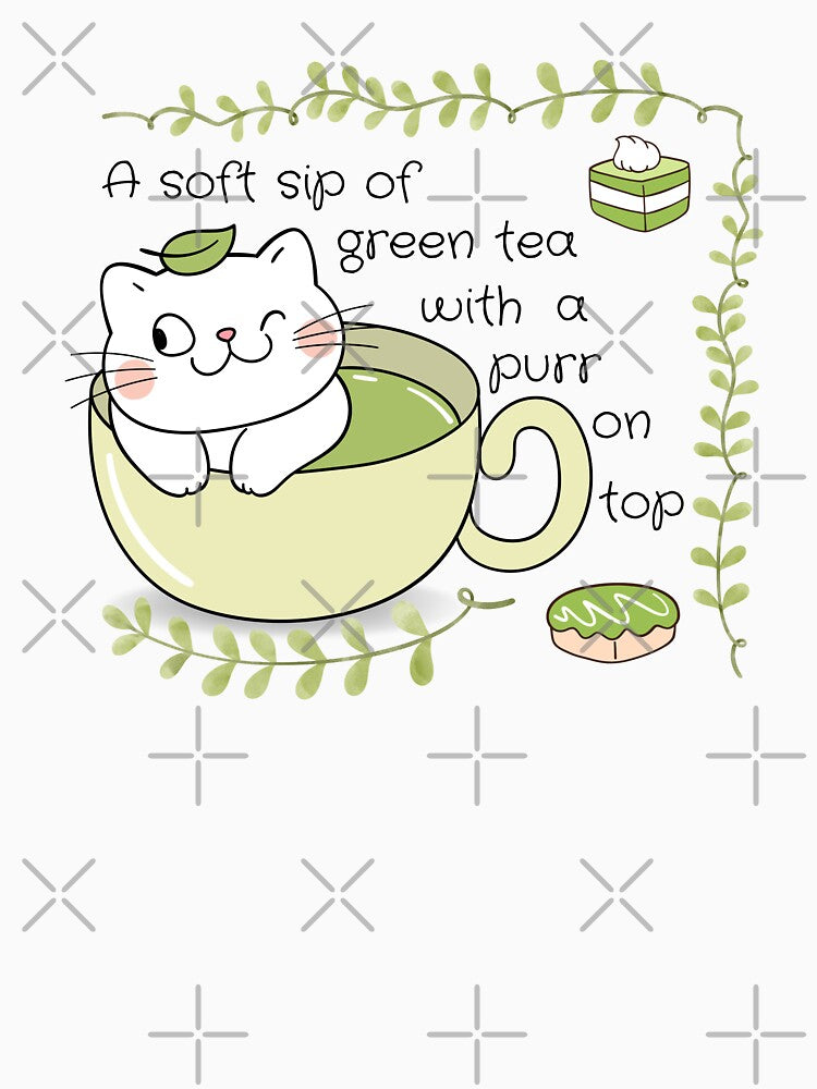 Cute Matcha Cat in Teacup – “A Soft Sip of Green Tea with a Purr on Top” – Kawaii Tea Lover Design by TheBeeKindSpace