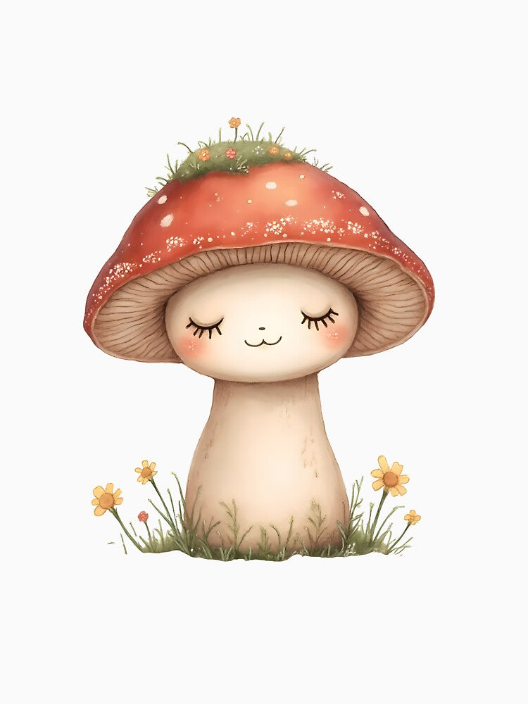 Kawaii Mushroom with Flowers – Cute Red Cap Woodland Art by QuickPick Store