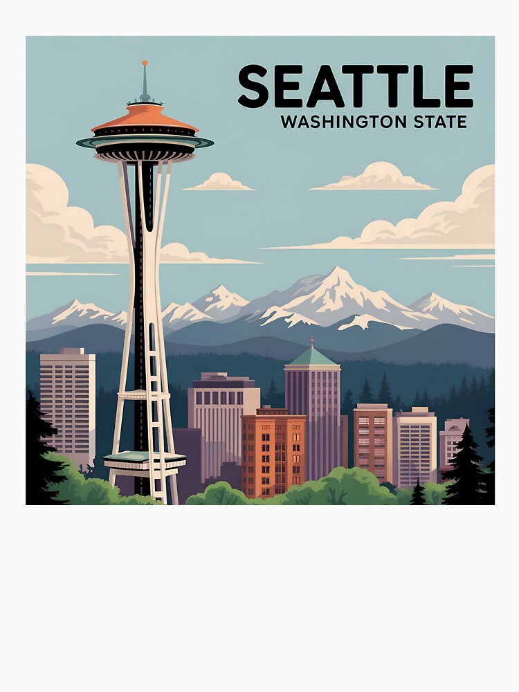 Seattle Skyline Poster – Vintage Travel Style with Space Needle and Mountains by VividOrganica