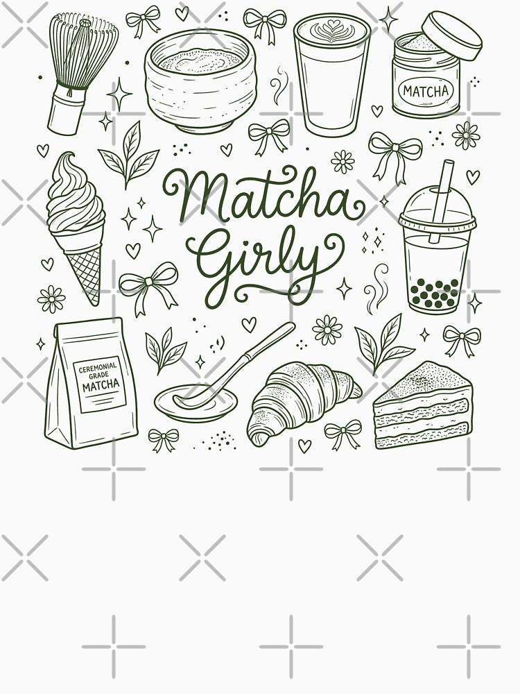 Matcha Girly Doodle Collage Sage Green - Coquette Matcha Tea Lover Aesthetic by BVDigitalArt