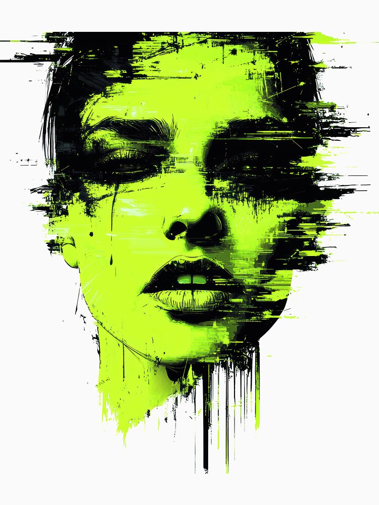 Cyberpunk Glitch Portrait Neon Green Abstract Art by AdamGierczyk