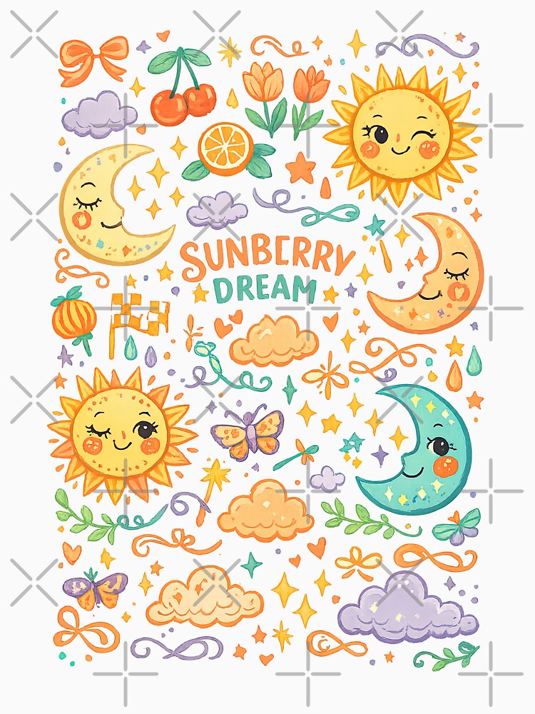 Sunberry Dream Cute Celestial Sun Moon and Stars Illustration by inkoutninja