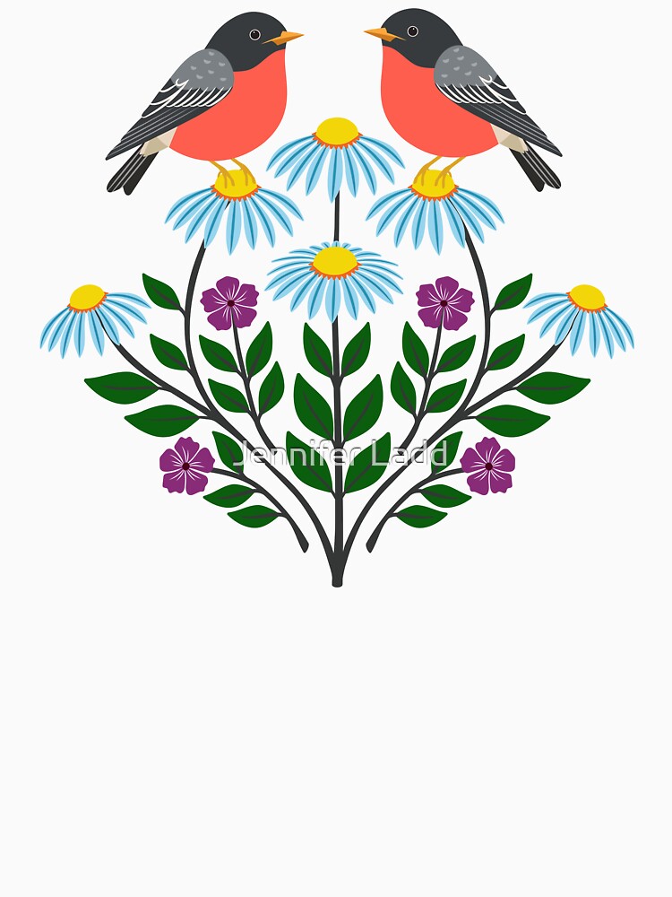 Spring robins and wildflowers on pale blue by Jennifer Ladd