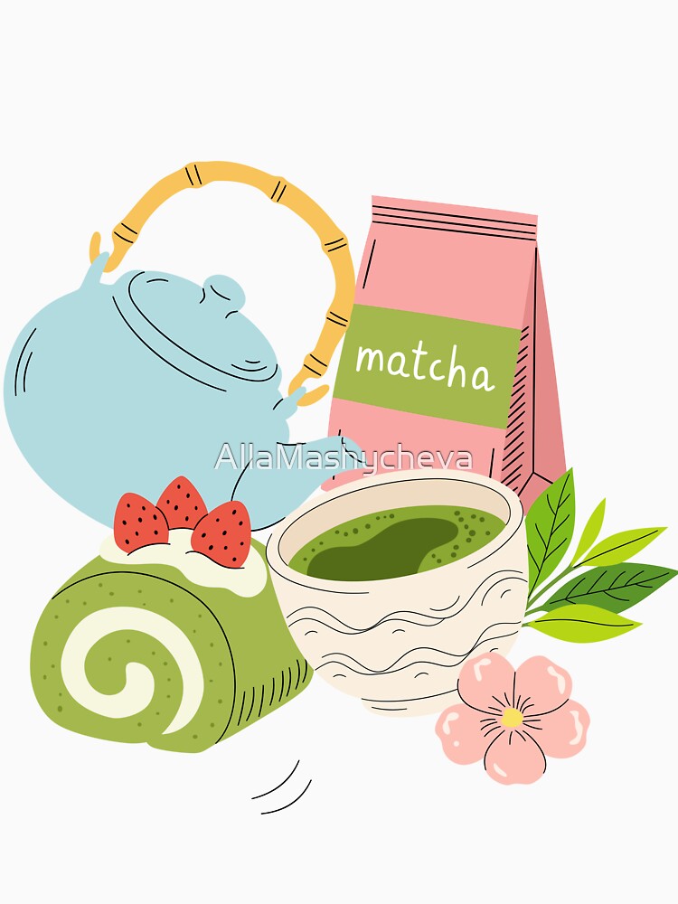 Cute Matcha Tea Time & Sweet Dessert Art by AllaMashycheva