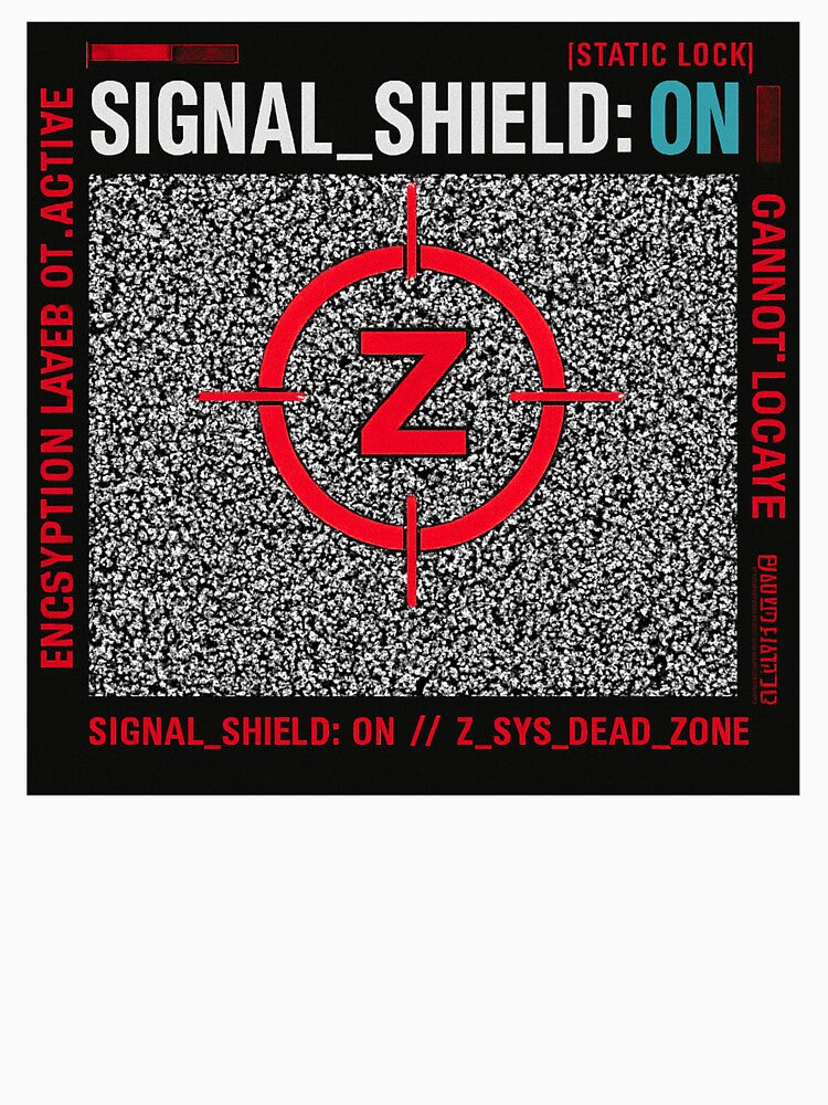 Signal Shield ON Z System Glitch Cyberpunk Graphic T-Shirt by ZEBBEDE - Minimal Streetwear