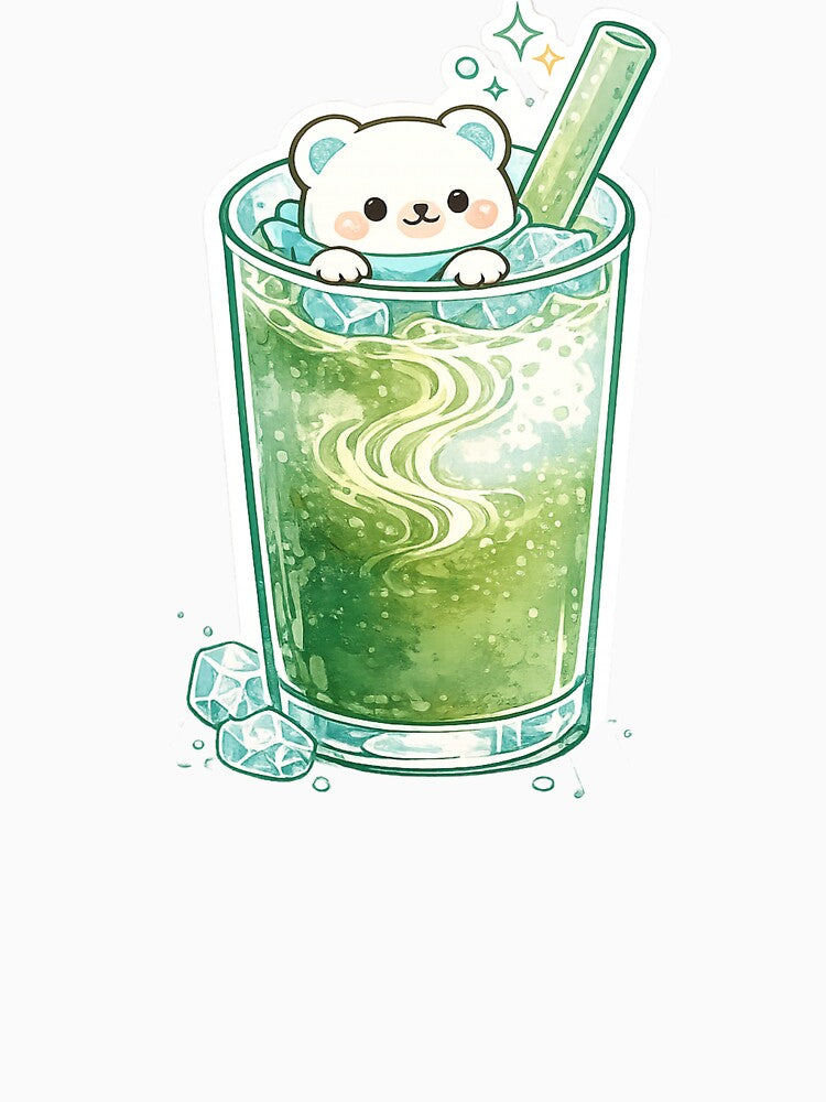 Kawaii Matcha Polar Bear - Cute Iced Green Tea Latte Sticker Art by BrewmarkStudio