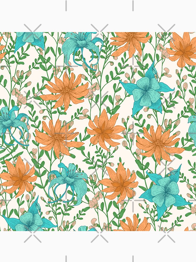 Vintage Meadow Flowers Pattern Orange and Turquoise by nouveaudecor
