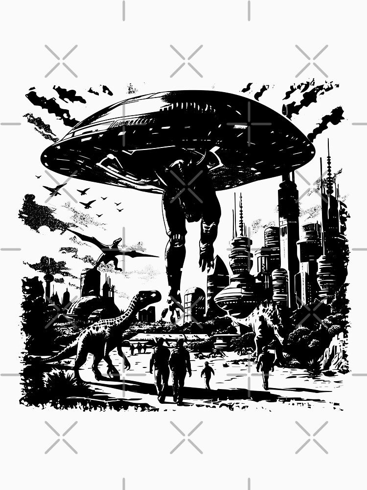 UFO and Dinosaurs in Futuristic City | Sci-Fi Prehistoric Mashup Art by inkoutninja
