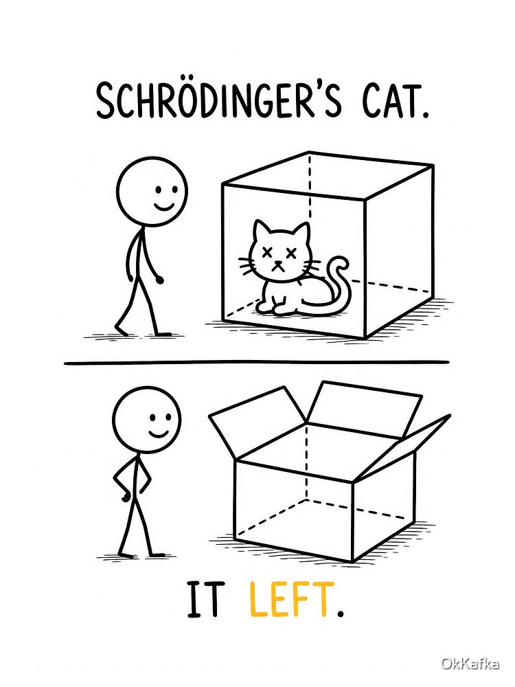 Schrödinger's Cat – It Left | Funny Quantum Physics & Philosophy Stick Figure T-Shirt by OkKafka