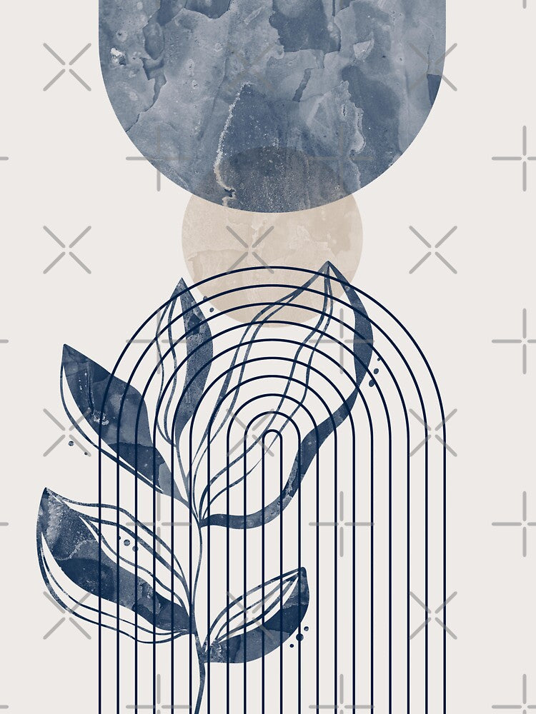 Mid-century modern botanical, lines and shapes in blue and beige by ArticraftShop