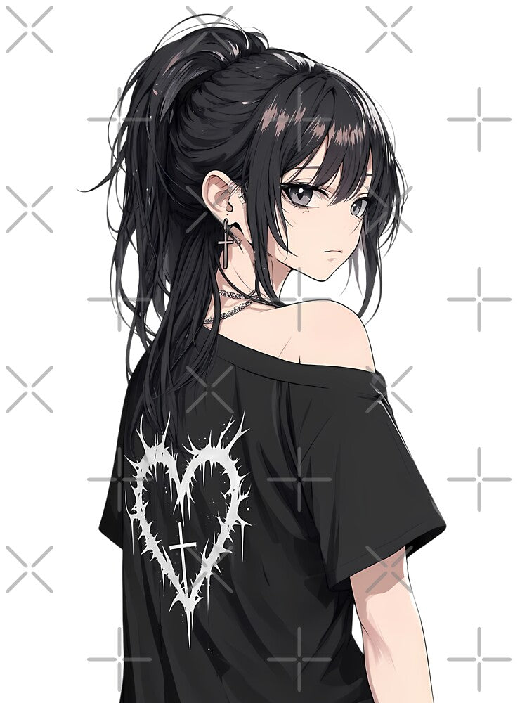 Goth Anime Girl with Barbed Wire Heart Shirt Grunge Aesthetic by jo-e-basta