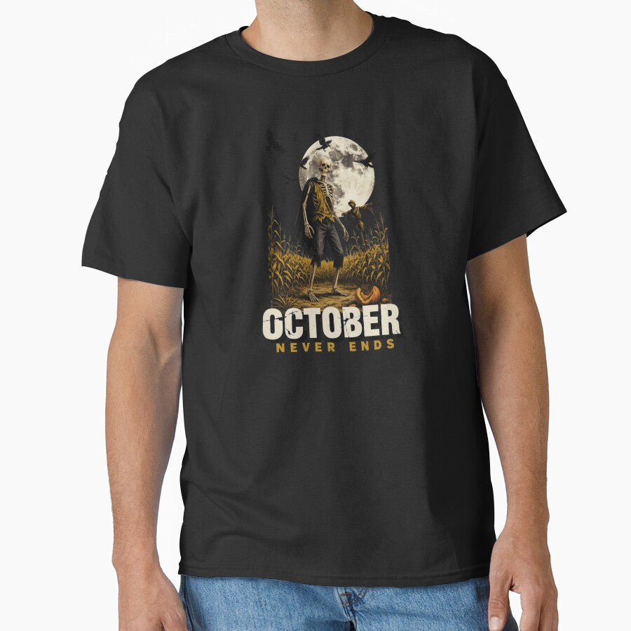 October Never Ends, Skeleton Cornfield Scarecrow Vintage Horror Movie Poster 80s by CryptReel