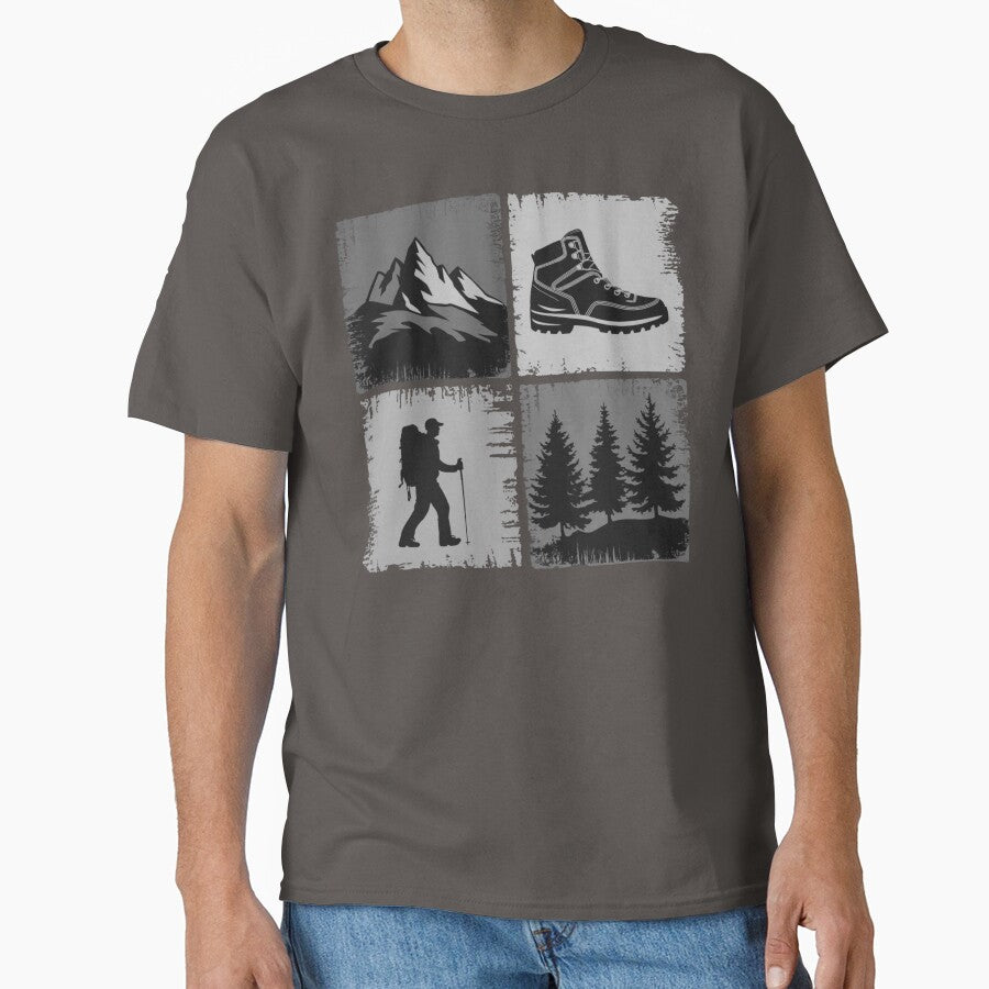 Hiking Icons Grid – Mountains, Boot, Hiker & Trees Monochrome Design by GabeMountainArt