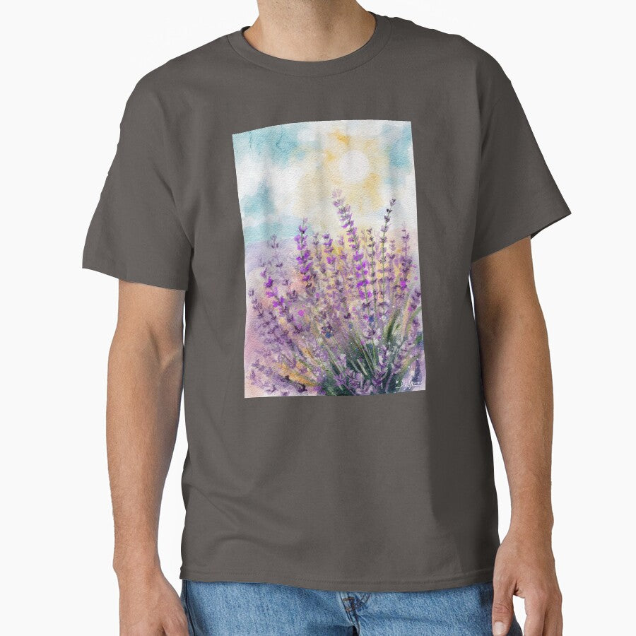 Watercolor Lavender Field Sunlit Botanical Art by LafinaArt