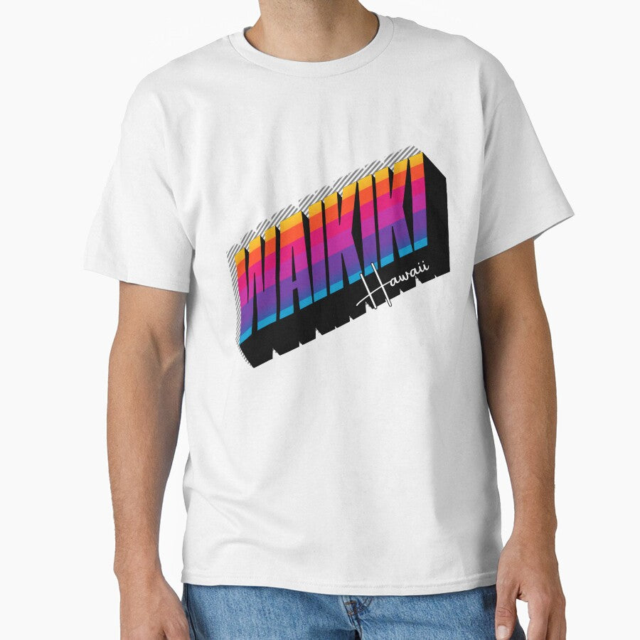 Waikiki Hawaii Retro 80s Rainbow Stripe Typography Graphic Tee by DonnaRaine